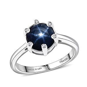  D'Joy Premium Blue Star Sapphire (DF) and Moissanite 3.50 ctw Galaxy Ring in Rhodium Over Sterling Silver (Size 9.0)