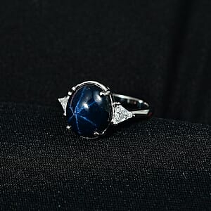 AAA Blue Star Sapphire, Lab Grown Diamond Astra Ring in 10K White Gold 7.60 ctw (Size 10.0)