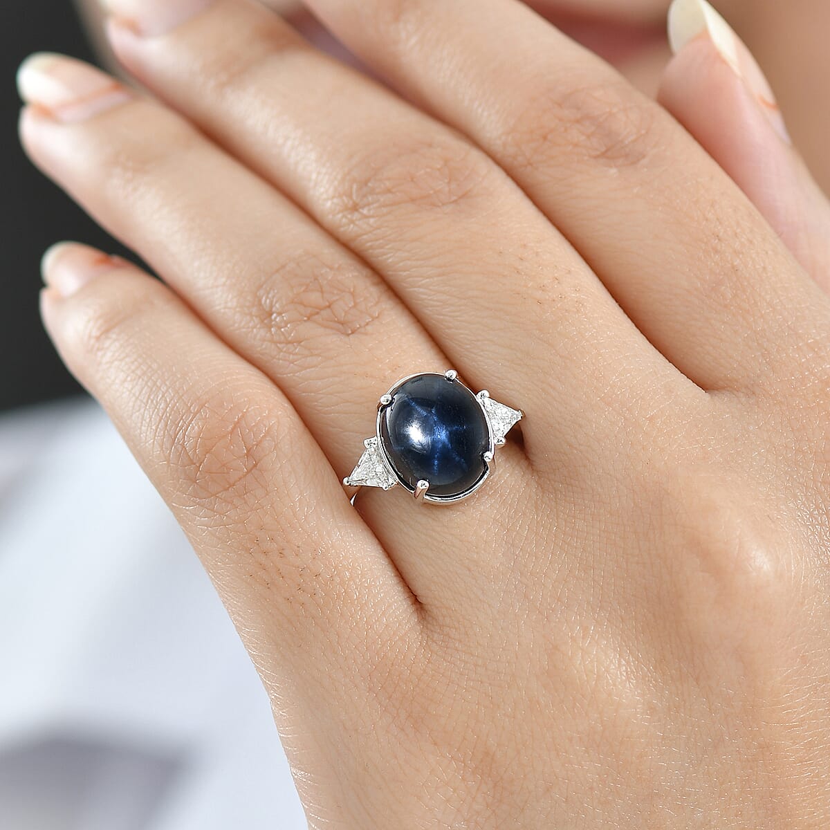 10K White Gold AAA Blue Star Sapphire (DF), Luxuriant Lab Grown Diamond (E-F, VS) (0.36 cts) Ring (Size 10.0) 10.00 ctw image number 2