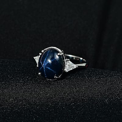AAA Blue Star Sapphire, Lab Grown Diamond Astra Ring in 10K White Gold 7.60 ctw (Size 5.0)