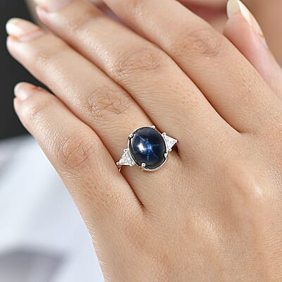 AAA Blue Star Sapphire, Lab Grown Diamond Astra Ring in 10K White Gold 7.60 ctw (Size 5.0)