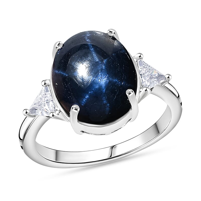AAA Blue Star Sapphire, Lab Grown Diamond Astra Ring in 10K White Gold 7.60 ctw (Size 7.0)