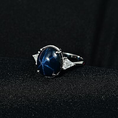 AAA Blue Star Sapphire, Lab Grown Diamond Astra Ring in 10K White Gold 7.60 ctw (Size 7.0)