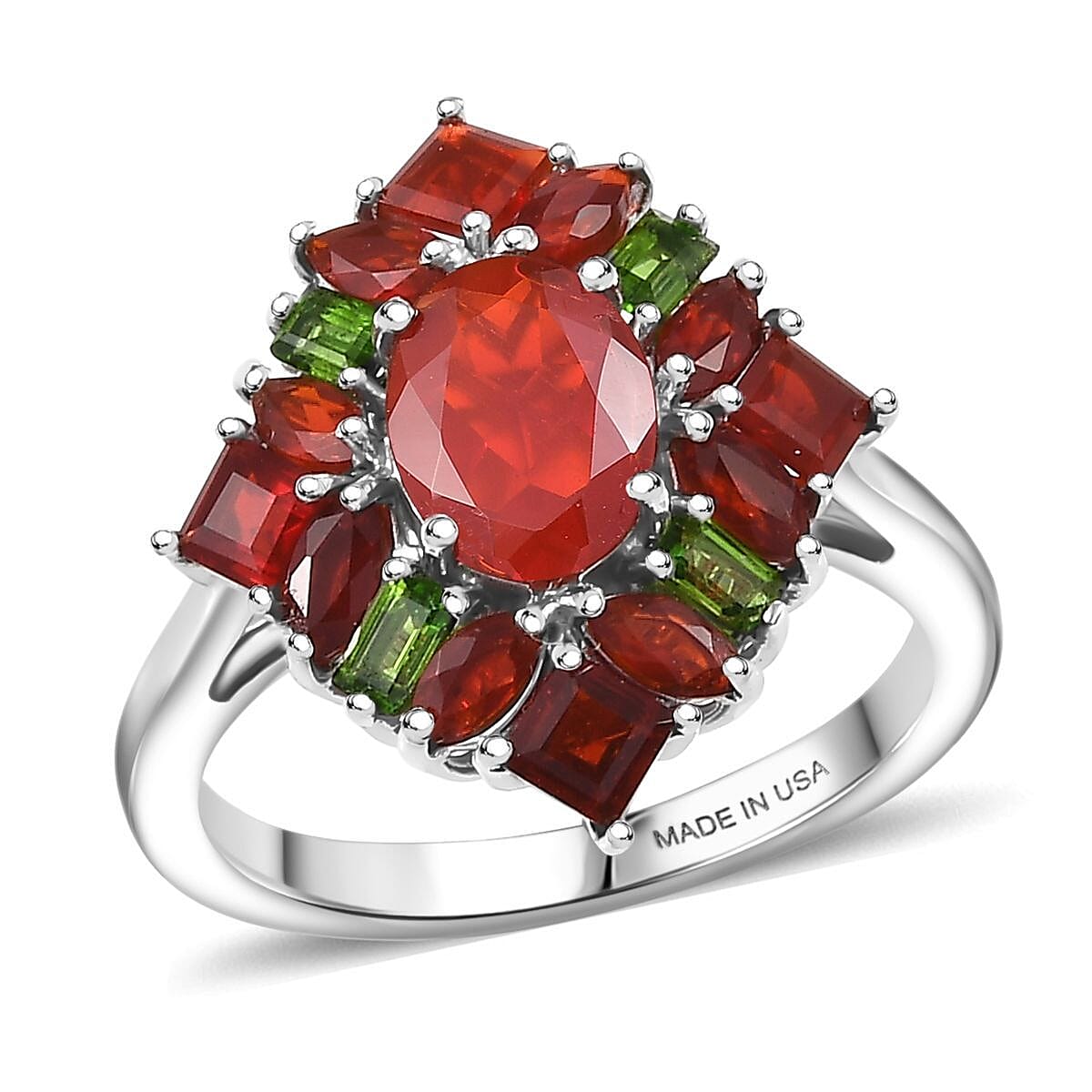 D'Joy Mexican Cherry Fire Opal and Chrome Diopside 2.00 ctw Art Deco Ring in Rhodium Over Sterling Silver (Size 6.0) image number 0