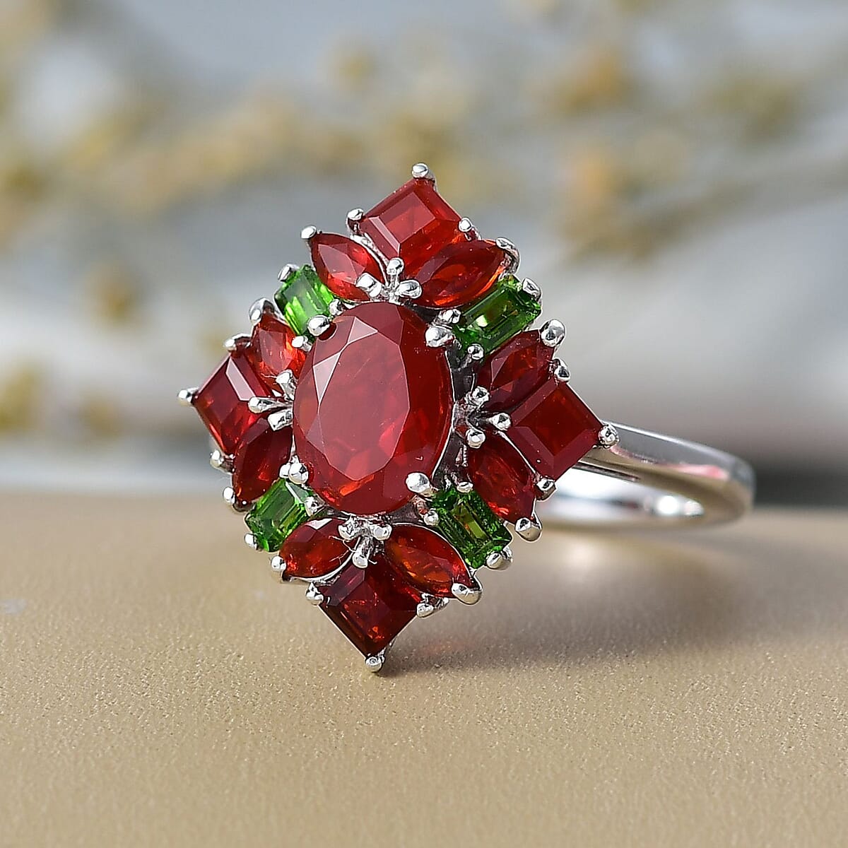 D'Joy Mexican Cherry Fire Opal and Chrome Diopside 2.00 ctw Art Deco Ring in Rhodium Over Sterling Silver (Size 6.0) image number 1