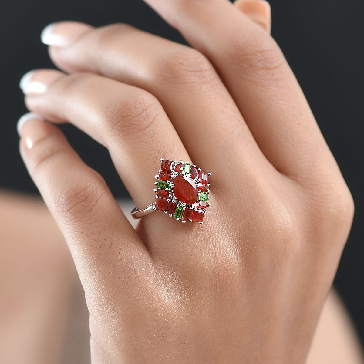 D'Joy Mexican Cherry Fire Opal and Chrome Diopside 2.00 ctw Art Deco Ring in Rhodium Over Sterling Silver (Size 6.0) image number 2