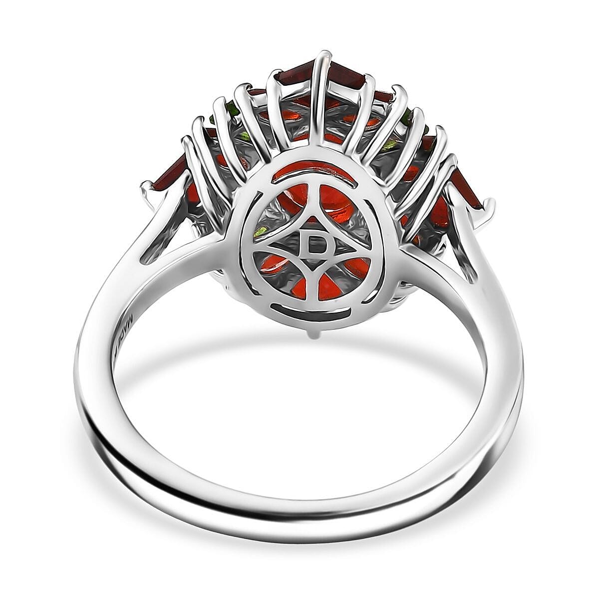 D'Joy Mexican Cherry Fire Opal and Chrome Diopside 2.00 ctw Art Deco Ring in Rhodium Over Sterling Silver (Size 6.0) image number 4