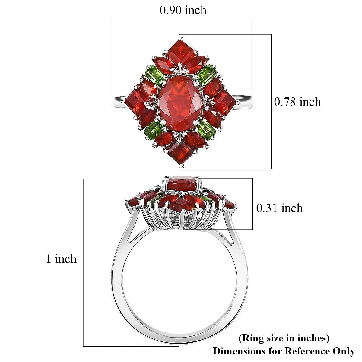 D'Joy Mexican Cherry Fire Opal and Chrome Diopside 2.00 ctw Art Deco Ring in Rhodium Over Sterling Silver (Size 6.0) image number 5