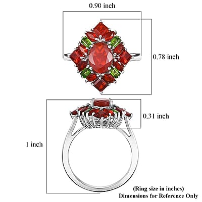 D'Joy Mexican Cherry Fire Opal and Chrome Diopside 2.00 ctw Art Deco Ring in Rhodium Over Sterling Silver (Size 6.0)