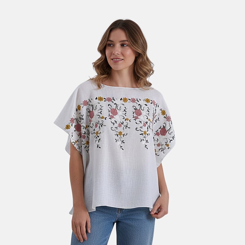 La Marey White Floral Embroidery Kaftan