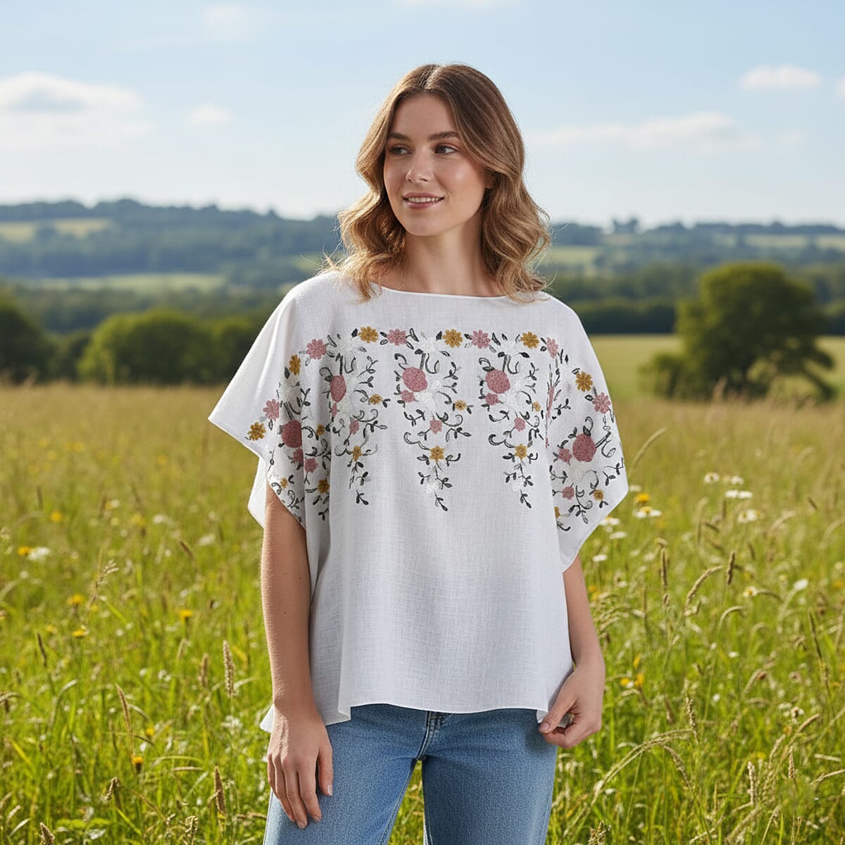 La Marey White Floral Embroidery Kaftan image number 1