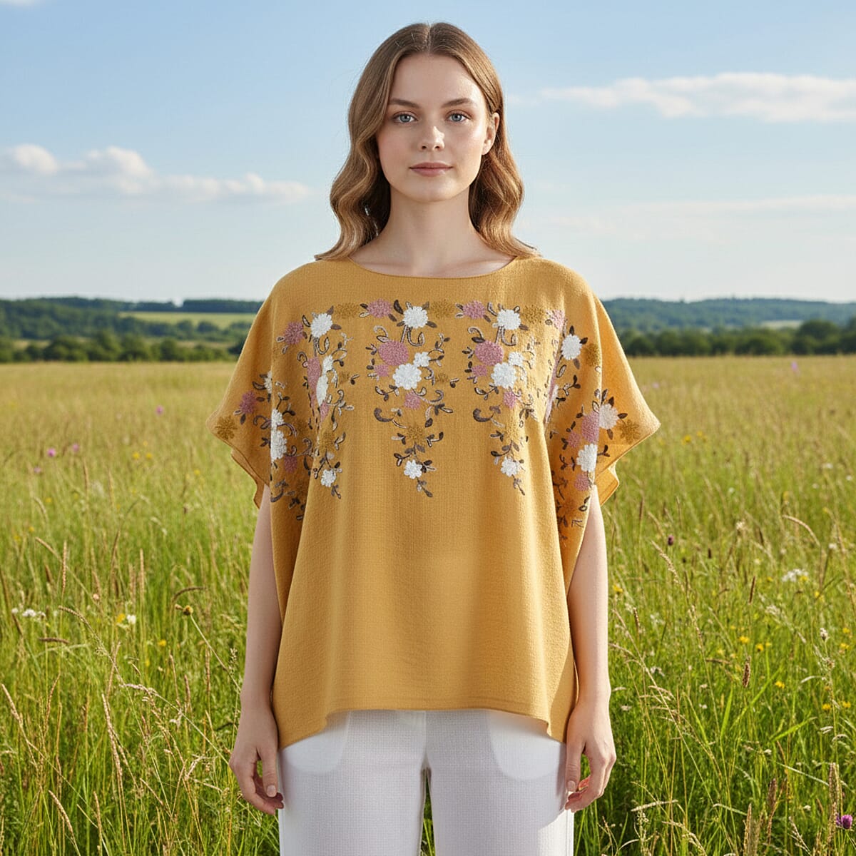 La Marey Yellow Floral Embroidery Kaftan image number 1