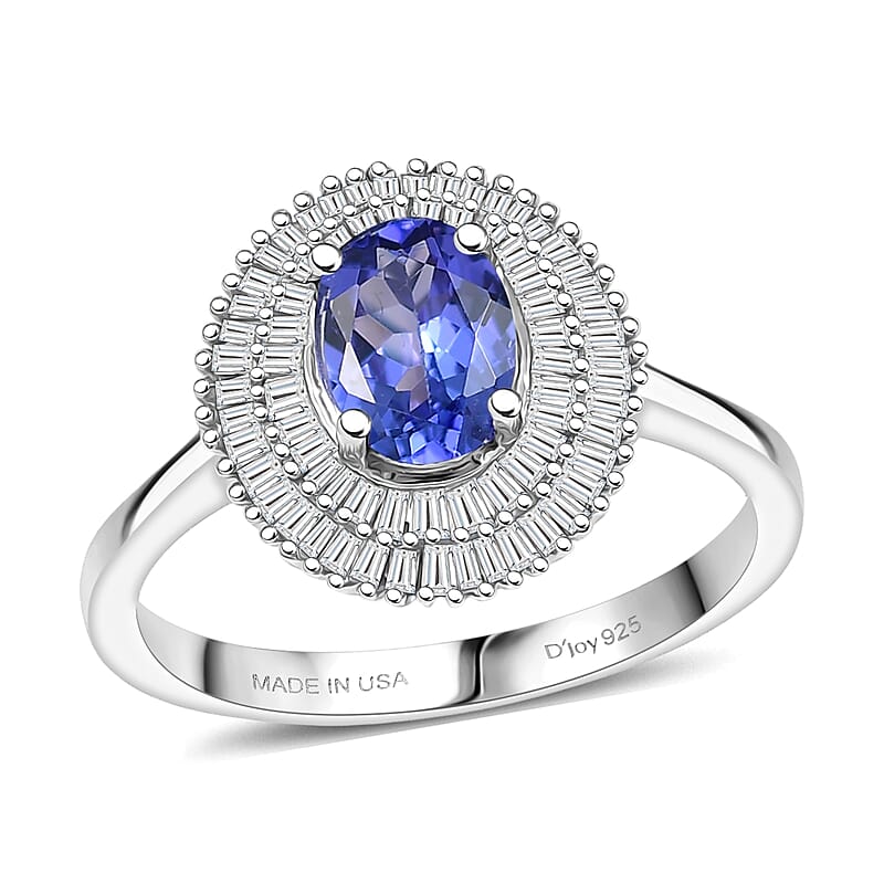 D'Joy AAA Tanzanite and Diamond 1.40 ctw Twilight Halo Majesty Ring in Rhodium Over Sterling Silver (Size 10.0)