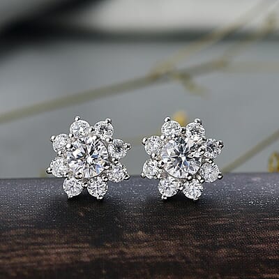 D'Joy Moissanite 1.75 ctw Floral Earrings in Rhodium Over Sterling Silver