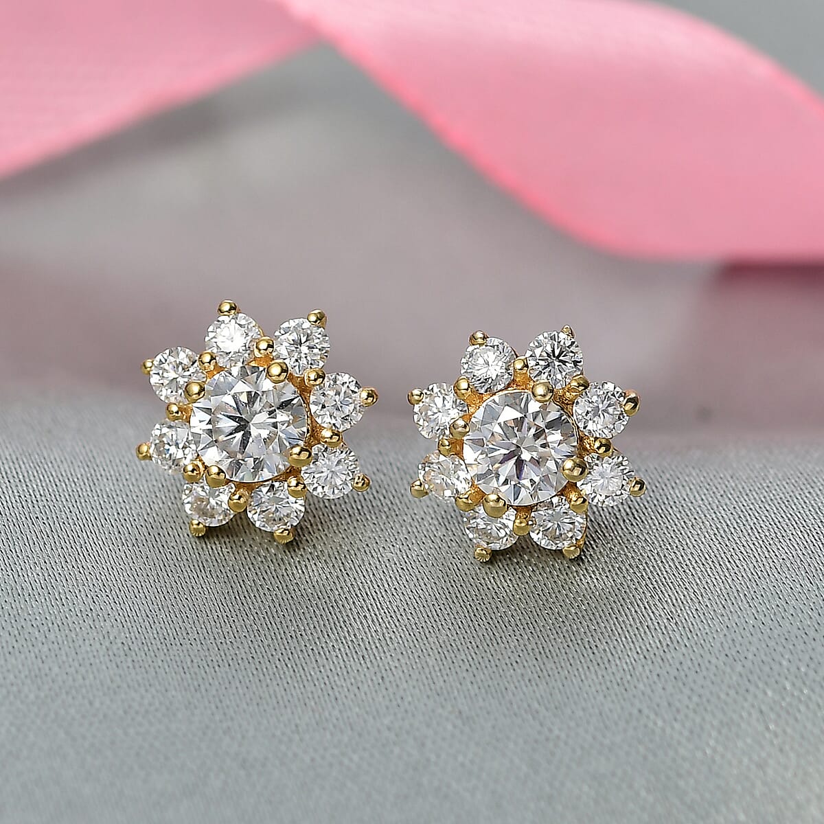 D'Joy Moissanite 1.75 ctw Floral Earrings in 18K Vermeil Yellow Gold Over Sterling Silver image number 1