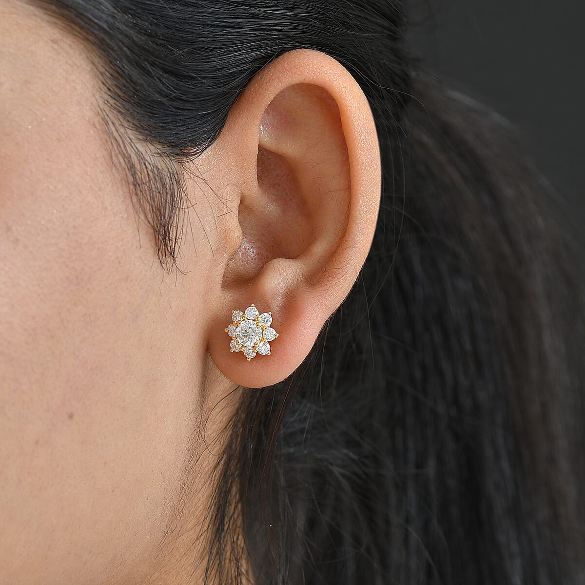 D'Joy Moissanite 1.75 ctw Floral Earrings in 18K Vermeil Yellow Gold Over Sterling Silver image number 2