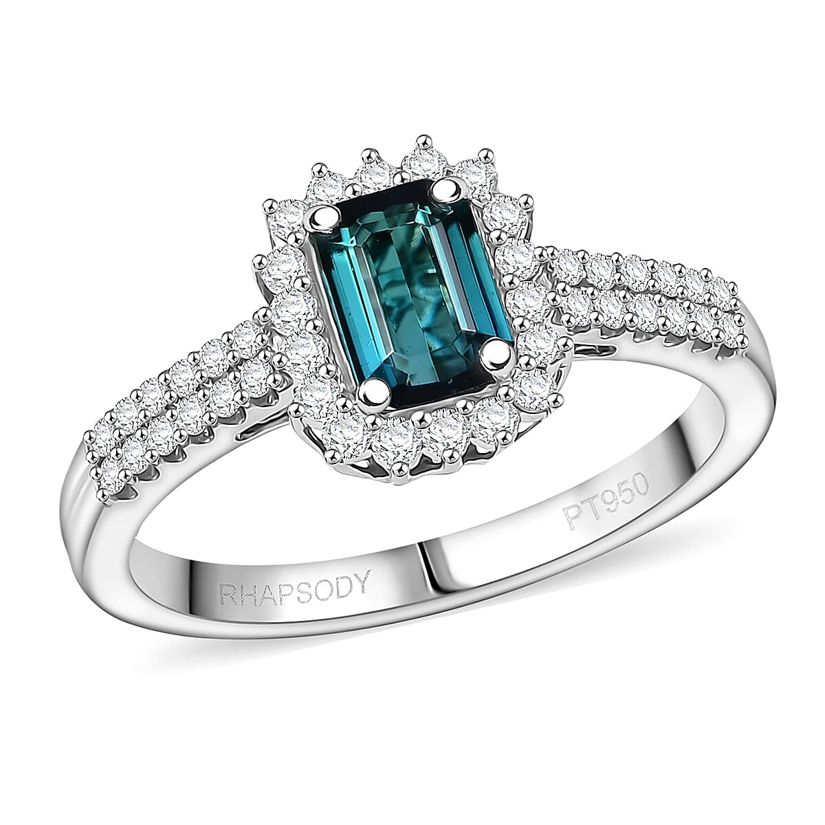Doorbuster Certified & Appraised Rhapsody AAAA Monte Belo Indicolite and E-F VS Diamond 1.55 ctw Ring in 950 Platinum (Size 7.0) 5.55 Grams image number 0