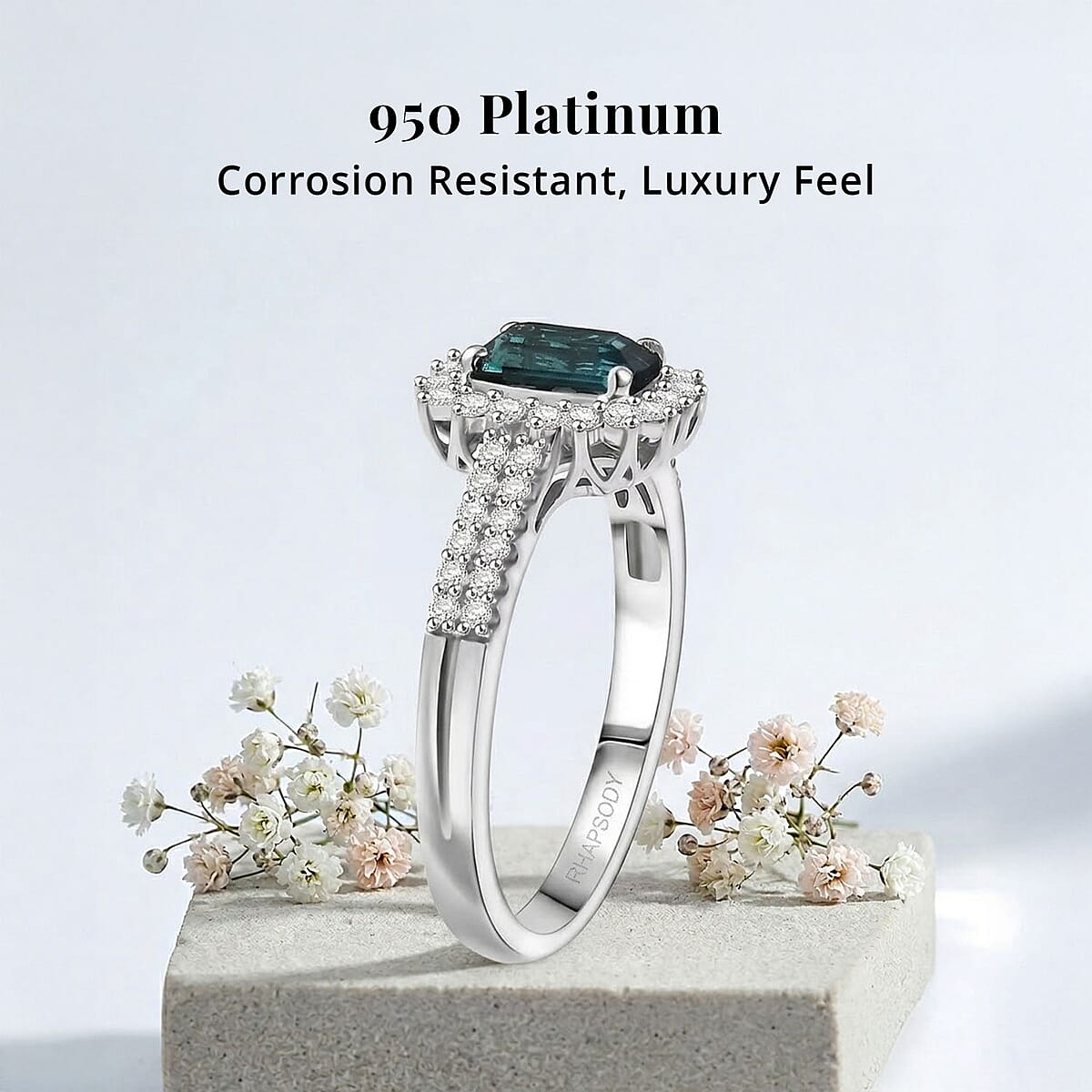 Certified & Appraised Rhapsody AAAA Monte Belo Indicolite, Diamond Ring in 950 Platinum 1.55 ctw (Size 9.0) image number 3