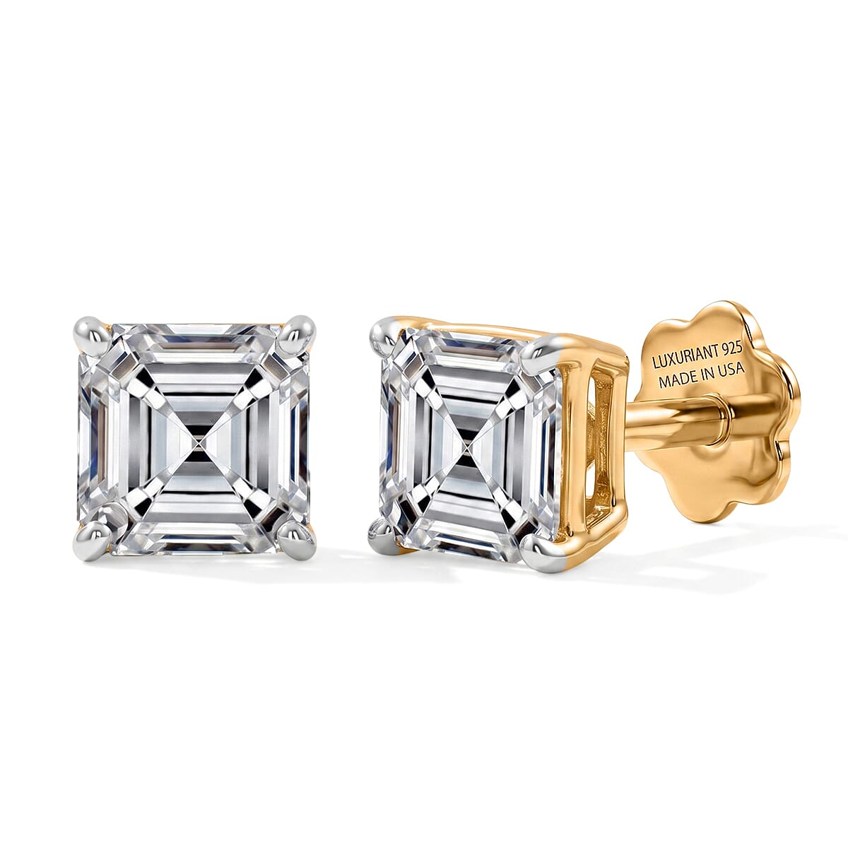 Asscher Cut Lab Grown Diamond E-F VS 2.00 ctw Flat Back Earrings in 18K Vermeil Yellow Gold Over Sterling Silver