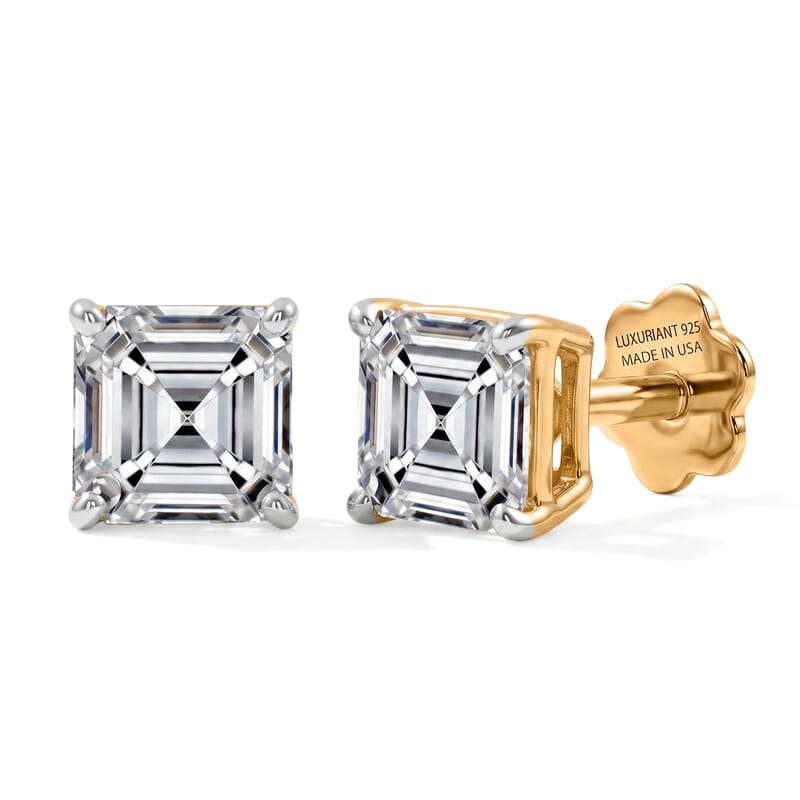 Asscher Cut Lab Grown Diamond E-F VS 2.00 ctw Flat Back Earrings in 18K Vermeil Yellow Gold Over Sterling Silver