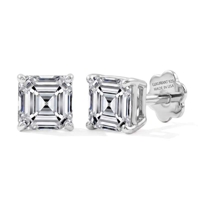 Asscher Cut Lab Grown Diamond E-F VS Flat Back Earrings in Rhodium Over Sterling Silver 2.00 ctw