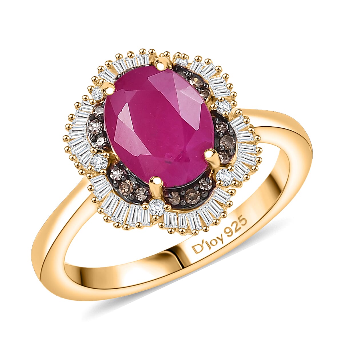 One Time Only D'Joy AAA Royal Ruby, Natural Champagne and White Diamond (0.30 cts) Ring in 18K Vermeil YG Over Sterling Silver (Size 7.0) 3.10 ctw