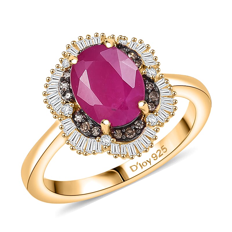 D'Joy AAA Royal Ruby, Natural Diamond Ring in 18K Vermeil YG Over Sterling Silver 3.10 ctw (Size 7.0)