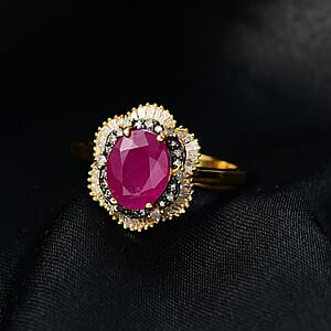 D'Joy AAA Royal Ruby, Natural Diamond Ring in 18K Vermeil YG Over Sterling Silver 3.10 ctw (Size 7.0)