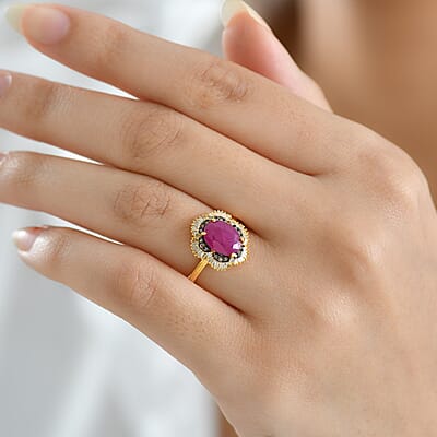 D'Joy AAA Royal Ruby, Natural Diamond Ring in 18K Vermeil YG Over Sterling Silver 3.10 ctw (Size 7.0)