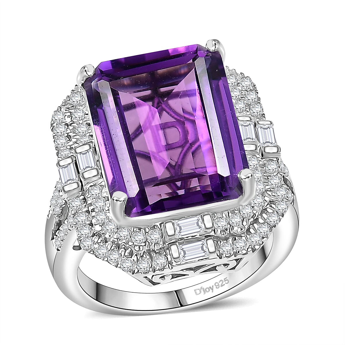 Doorbuster D'Joy Lusaka Amethyst and Moissanite 13.30 ctw Crowned Oracle Ring in Rhodium Over Sterling Silver (Size 10.0) image number 0