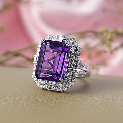 D'Joy Lusaka Amethyst and Moissanite 13.30 ctw Crowned Oracle Ring in Rhodium Over Sterling Silver (Size 10.0)