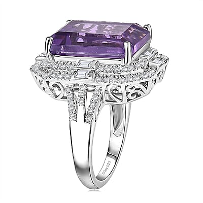 D'Joy Lusaka Amethyst and Moissanite 13.30 ctw Crowned Oracle Ring in Rhodium Over Sterling Silver (Size 10.0)