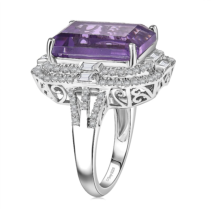 D'Joy Lusaka Amethyst and Moissanite 13.30 ctw Crowned Oracle Ring in Rhodium Over Sterling Silver (Size 10.0)