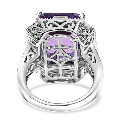 D'Joy Lusaka Amethyst and Moissanite 13.30 ctw Crowned Oracle Ring in Rhodium Over Sterling Silver (Size 10.0)