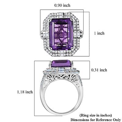 D'Joy Lusaka Amethyst and Moissanite 13.30 ctw Crowned Oracle Ring in Rhodium Over Sterling Silver (Size 10.0)