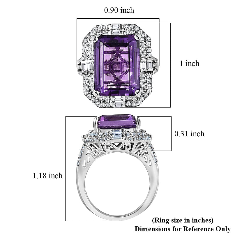 D'Joy Lusaka Amethyst and Moissanite 13.30 ctw Crowned Oracle Ring in Rhodium Over Sterling Silver (Size 10.0)