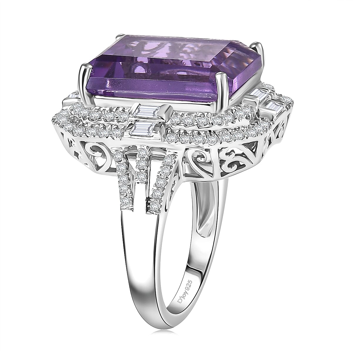  D'Joy Lusaka Amethyst and Moissanite 13.30 ctw Crowned Oracle Ring in Rhodium Over Sterling Silver (Size 6.0) image number 3