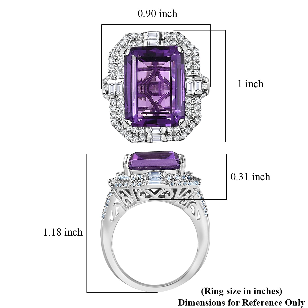 D'Joy Lusaka Amethyst and Moissanite 13.30 ctw Crowned Oracle Ring in Rhodium Over Sterling Silver (Size 6.0)