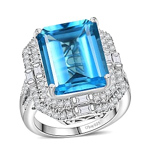 Doorbuster D'Joy Sky Blue Topaz and Moissanite 15.90 ctw Crowned Oracle Ring in Rhodium Over Sterling Silver (Size 7.0)