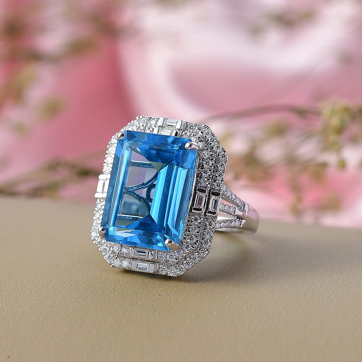 Doorbuster D'Joy Sky Blue Topaz and Moissanite 15.90 ctw Crowned Oracle Ring in Rhodium Over Sterling Silver (Size 7.0) image number 1