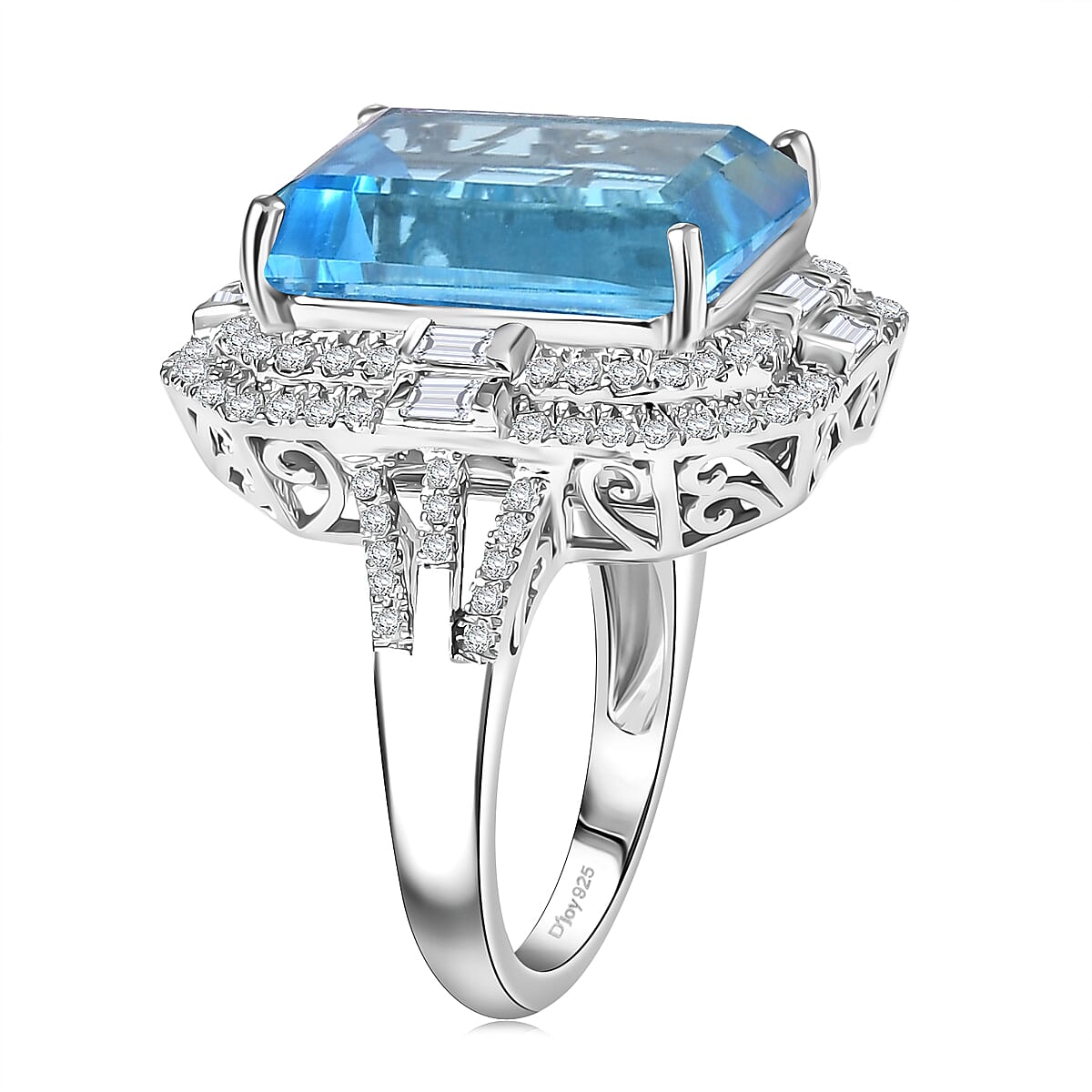 D'Joy Sky Blue Topaz and Moissanite 15.90 ctw Crowned Oracle Ring in Rhodium Over Sterling Silver (Size 7.0)