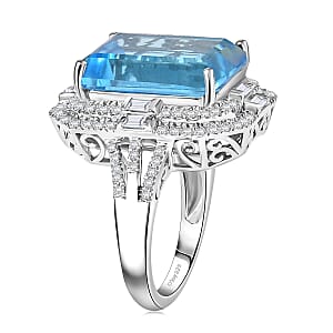  D'Joy Sky Blue Topaz and Moissanite 15.90 ctw Crowned Oracle Ring in Rhodium Over Sterling Silver (Size 7.0)