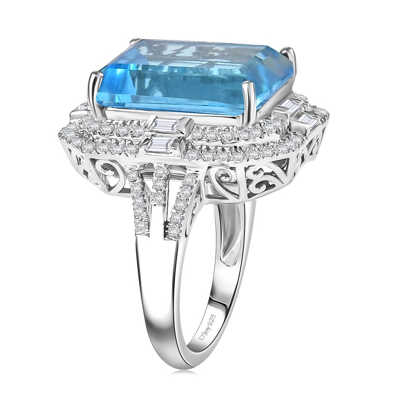 D'Joy Sky Blue Topaz and Moissanite 15.90 ctw Crowned Oracle Ring in Rhodium Over Sterling Silver (Size 7.0)