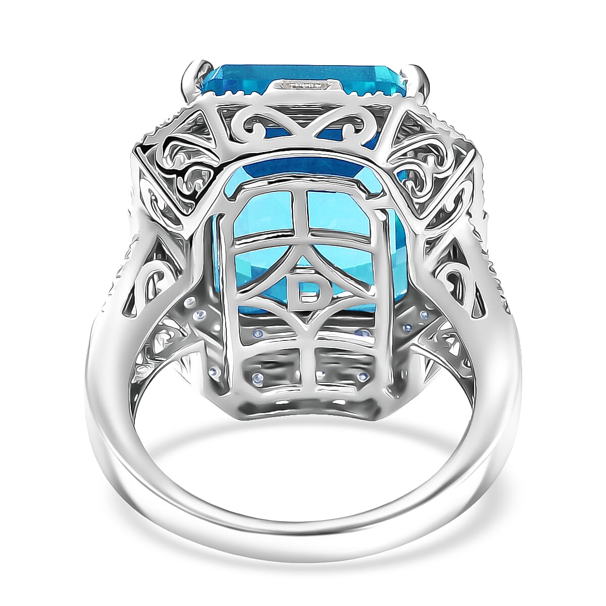 D'Joy Sky Blue Topaz and Moissanite 15.90 ctw Crowned Oracle Ring in Rhodium Over Sterling Silver (Size 7.0)