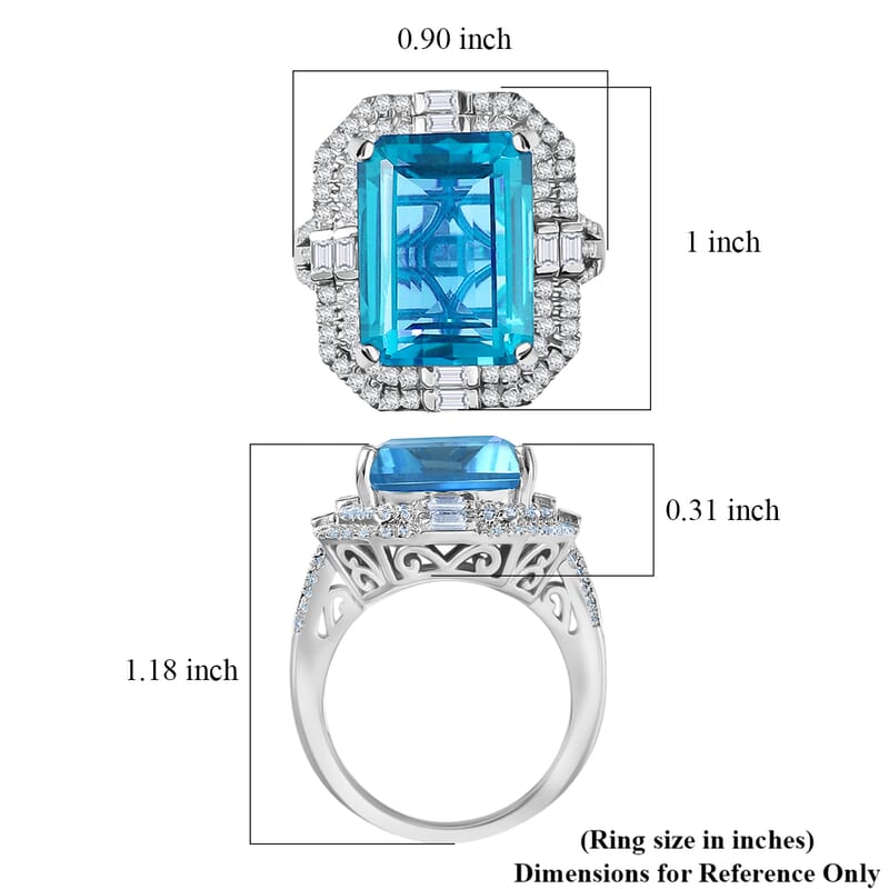 D'Joy Sky Blue Topaz and Moissanite 15.90 ctw Crowned Oracle Ring in Rhodium Over Sterling Silver (Size 7.0)
