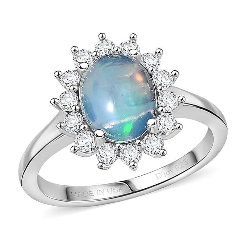 D'Joy Ethiopian Welo Opal, White Zircon Ring in Platinum Over Sterling Silver 1.85 ctw (Size 10.0)