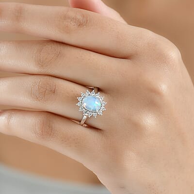 D'Joy Ethiopian Welo Opal, White Zircon Ring in Platinum Over Sterling Silver 1.85 ctw (Size 10.0)