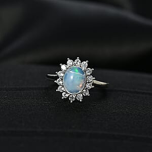 D'Joy Ethiopian Welo Opal, White Zircon Ring in Platinum Over Sterling Silver 1.85 ctw (Size 6.0)