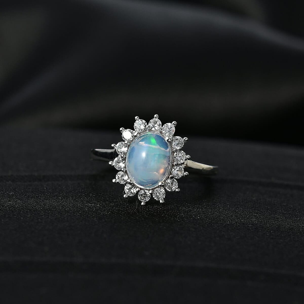 D'Joy Premium Ethiopian Welo Opal and White Zircon 1.85 ctw Ring in Platinum Over Sterling Silver (Size 7.0) image number 1