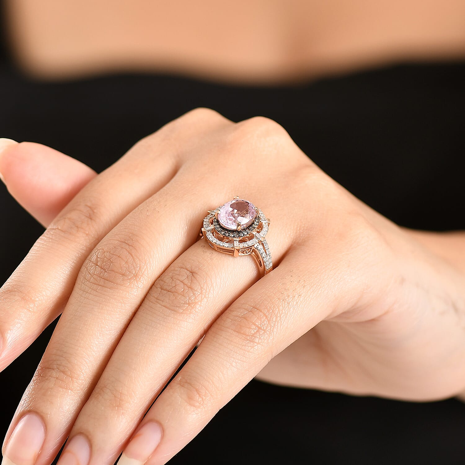 D'Joy Martha Rocha Kunzite, Natural Diamond Ring in 18K Vermeil RG Over Sterling Silver 4.10 ctw (Size 10.0)
